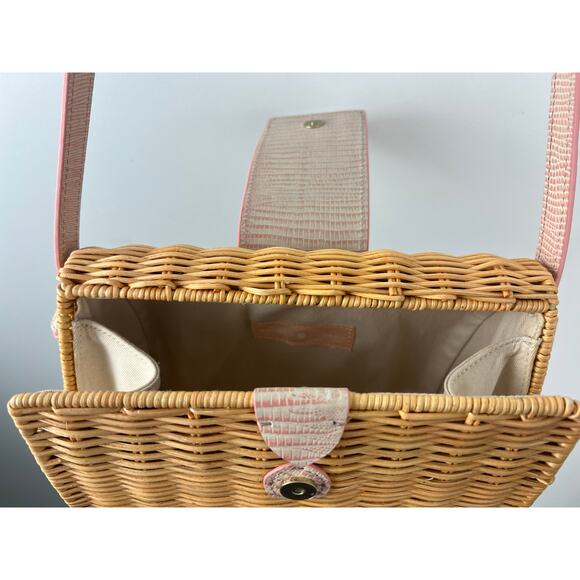 Pamela Munson Caroline Wicker Rattan Crossbody Bag w Pink Reptile Trim - Picture 3 of 10